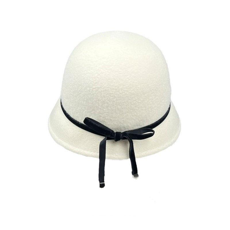 Winter French White Woolen Woolen Basin Hat Hepburn Style Ladies Elegant Bow Bucket Hat Brim Temperament Top Hat