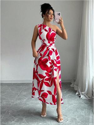 Elegant Tropical Print One-Shoulder Slit Dress - Perfect for Resort Style