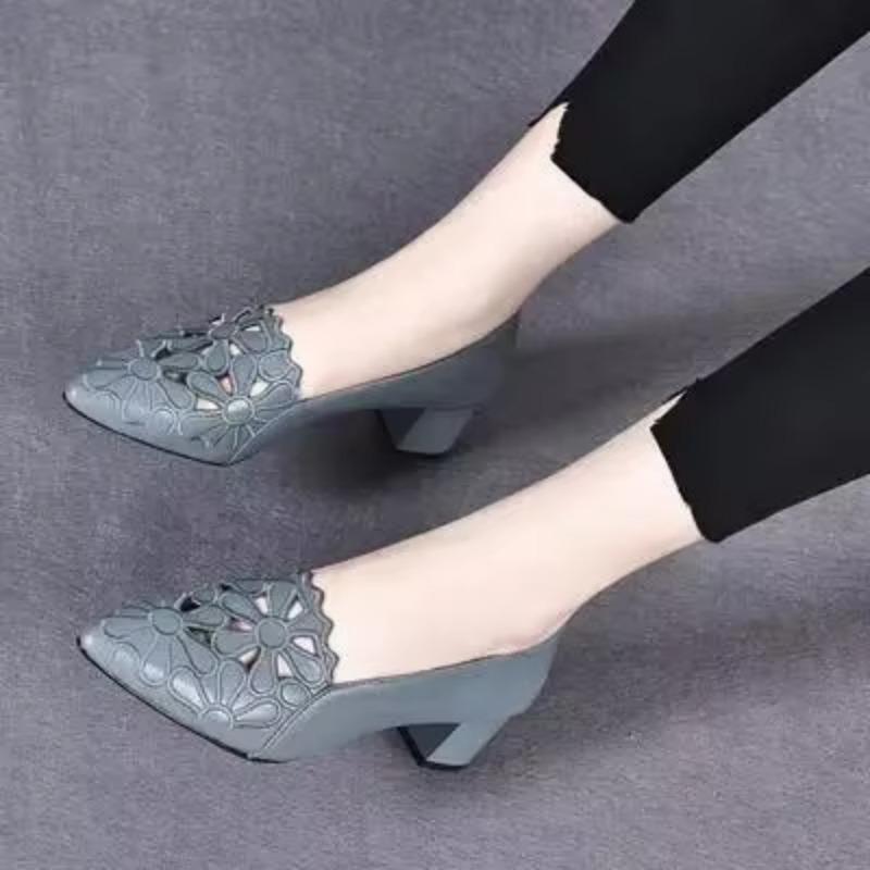 Mid Heel Shoes Women Heels Wedding PU Leather Hollow Out Black Square Heel Formal Shoes Office Lady Spring Fall Zapatos Flats