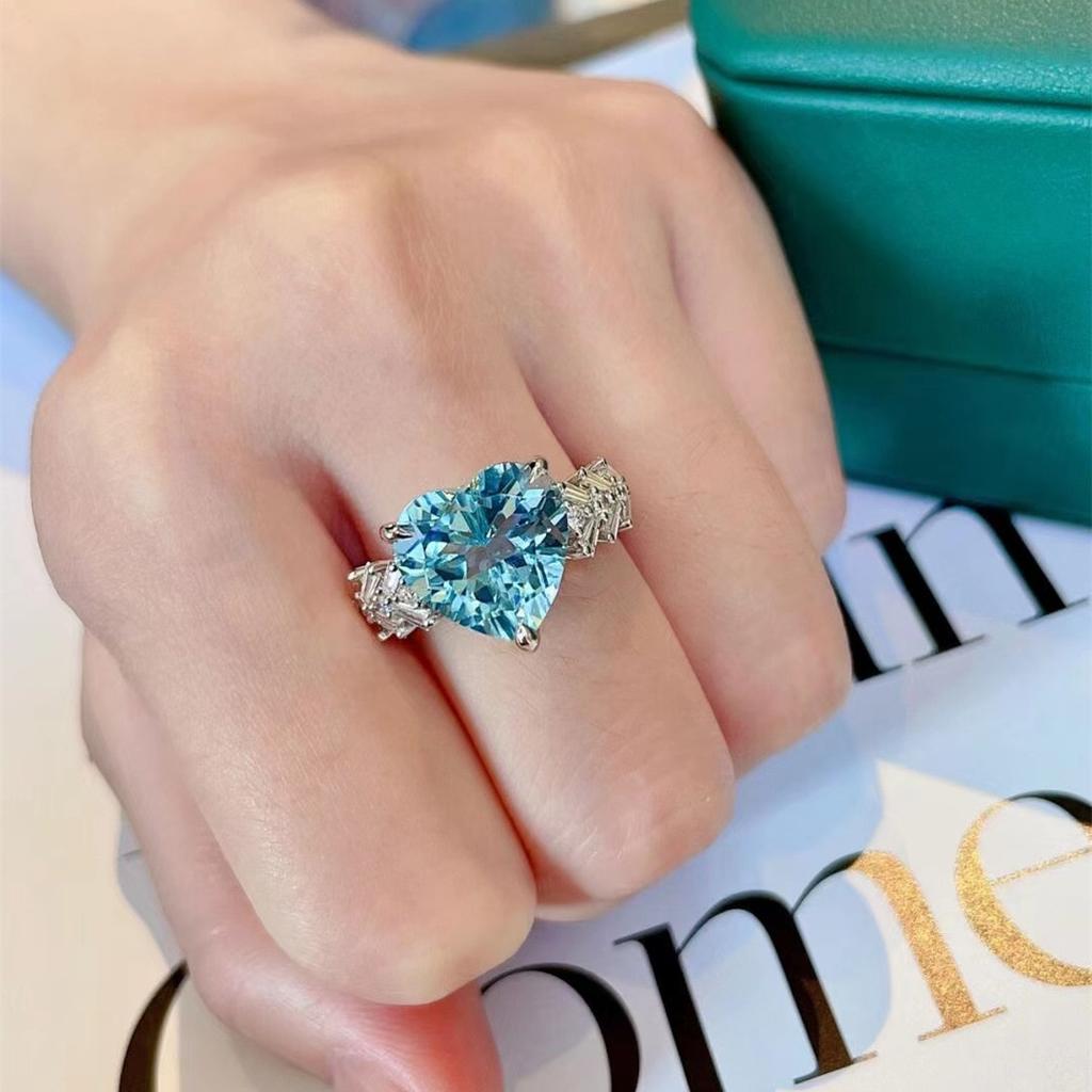 Fashion CZ Zircon Blue Heart Rings For Women Stainless Steel Geometry Adjustable Finger Ring Christmas Gift Love Jewelry