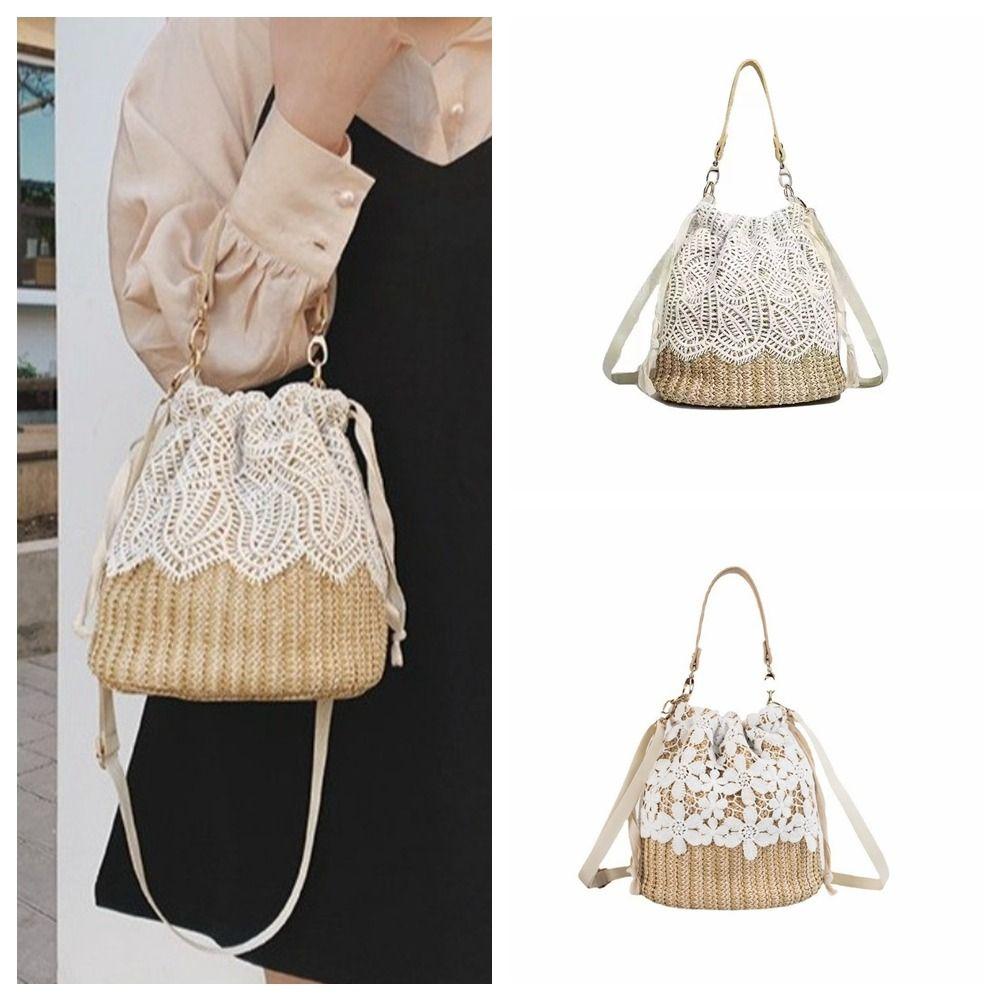 Casual Lace Straw Shoulder Bag Bohemian Hollow Weave Tote Bag Large Capacity Flower Beach Handbag Picnic