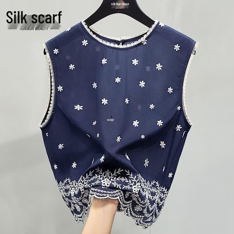 Women s Round Neck Embroidered Lace Tank Top 2XL тёмно-синий