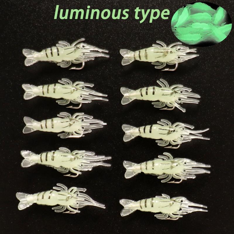 10pcs Soft Silicone Luminous Simulation Shrimp Shaped Fishing Lure With Hook, Bait Kit For Outdoor, Fishing Accessories