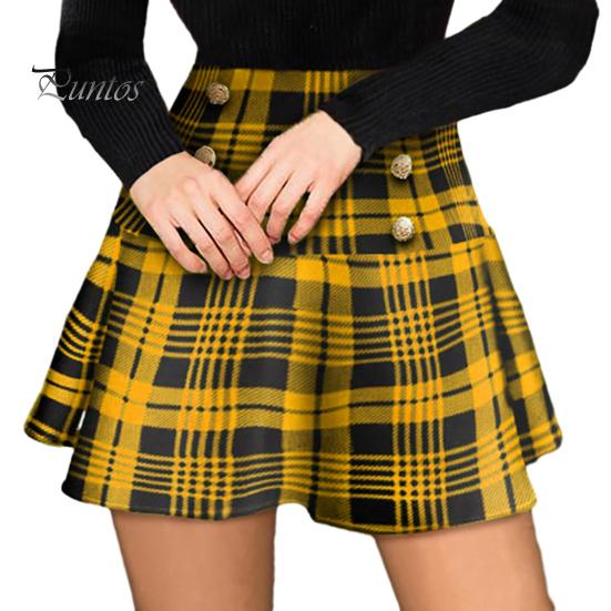 Stylish Check Print Skirt Button-Decorated Elegant Plaid Fashionable Soft And Breathable Commuter Style Polyester Material High Waist Pleated