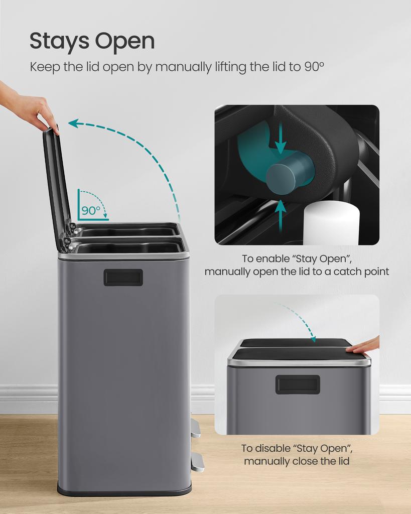 SONGMICS Dual Rubbish Bin, 2 x 8 Gallon (2 x 30 L) Metal Recycling Bin with 15 Rubbish Bags, 2-Compartment, with Lids, Pedals, Plastic Inner Buckets