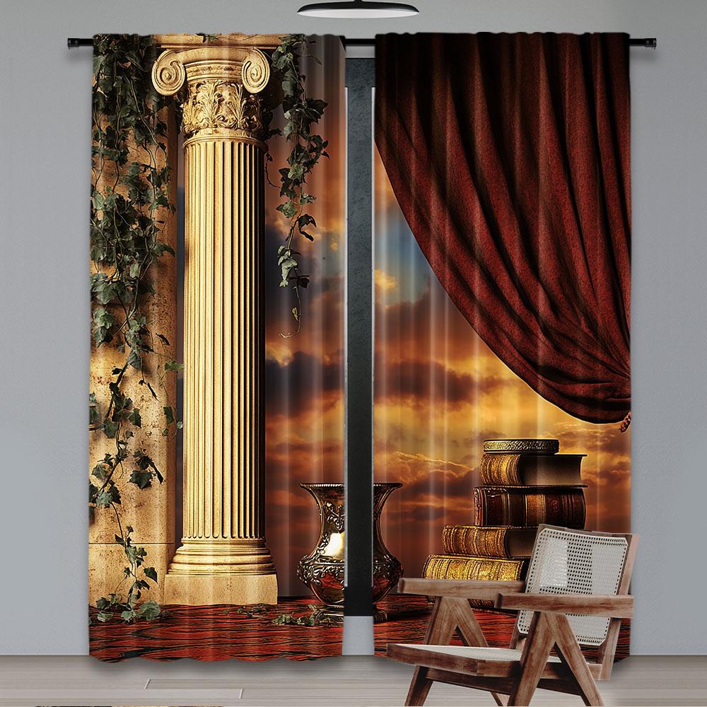 2 Stuks Gotische Gordijnen Griekse Stijl Scène Zuilen Met Wijnranken En Rood Gordijn Zonsondergang Geschikt Voor Slaapkamer Badkamer Woonkamer