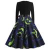 Women's Fashion Print Long Sleeve V-Neck Casual Halloween Hem Dress