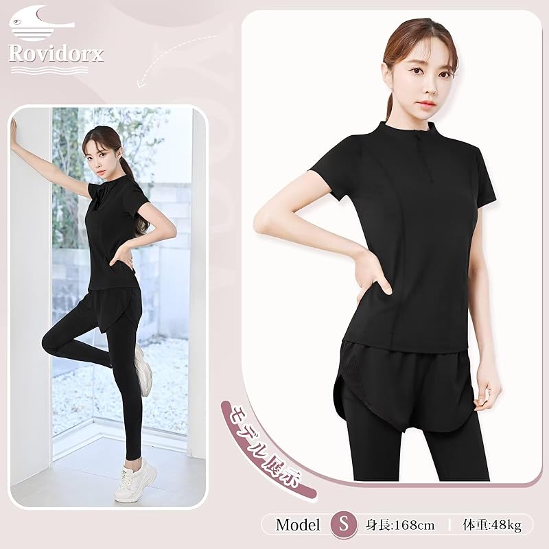 [Rovidorx] Yoga Wear Tops Half Zip Shirt Short Sleeve T-shirt Ladies Sports Training Running Wear Golf Wear Tennis Wear Sportswear Pilates Wear Gym