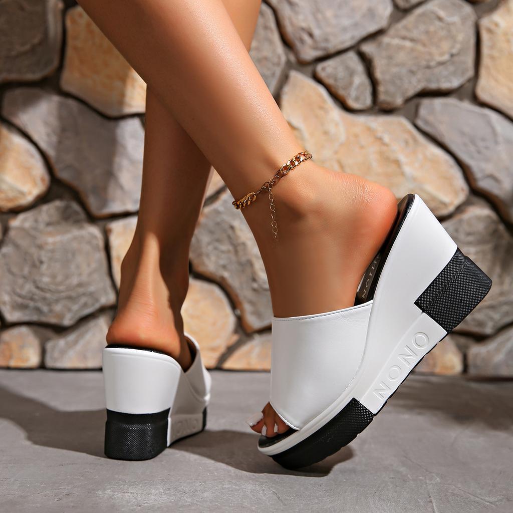 Foreign Trade Large-size Wedge Heel Fish Mouth Sandals 2025 Summer New Thick-soled Heightened One-word Beach Women's Shoes