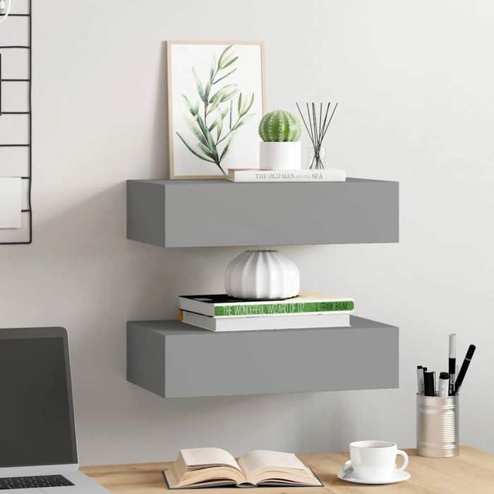 VidaXL Wall-mounted Shelves with Drawers 2 Pcs Grey 40x23.5x10 Cm MDF