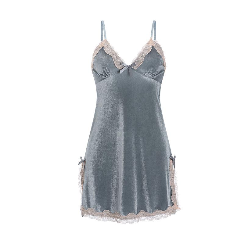 Women's Velvet Lace Warm Cami Sleep Dress with Robe Lounge Set