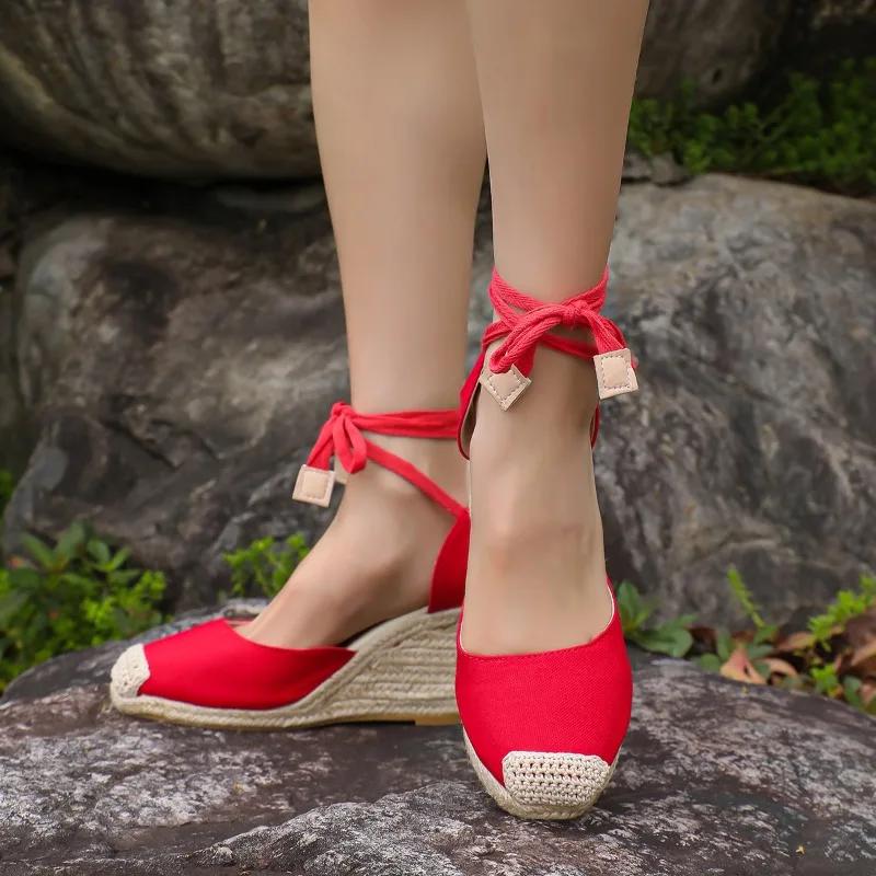 Beach straw wedges 2024 summer new French lace-up platform high heels plus size woven fisherman shoes sandals sandalen