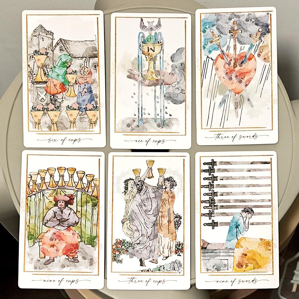 12x7cm Doppelt geprägtes Tarot-Deck in moderner Farbgebung 78 Aquarell-Tarotkarten basierend auf RWS-Bildsprache Ästhetische Divinationskarten
