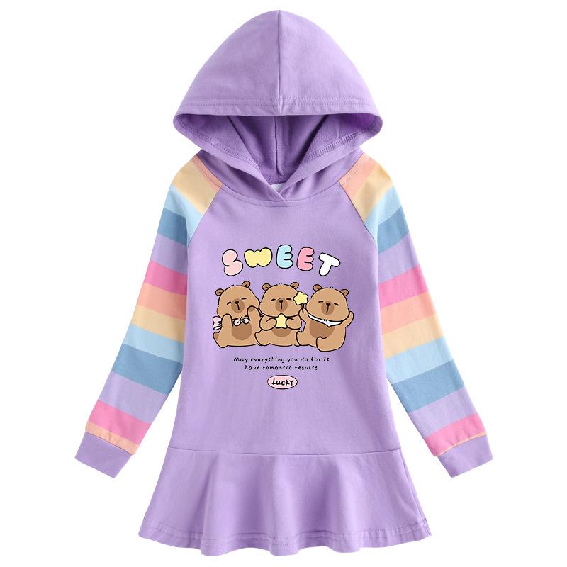 Spring & Autumn Ruffle Cartoon Rainbow Girls' Long Sleeve Hooded Sweatshirt Dress