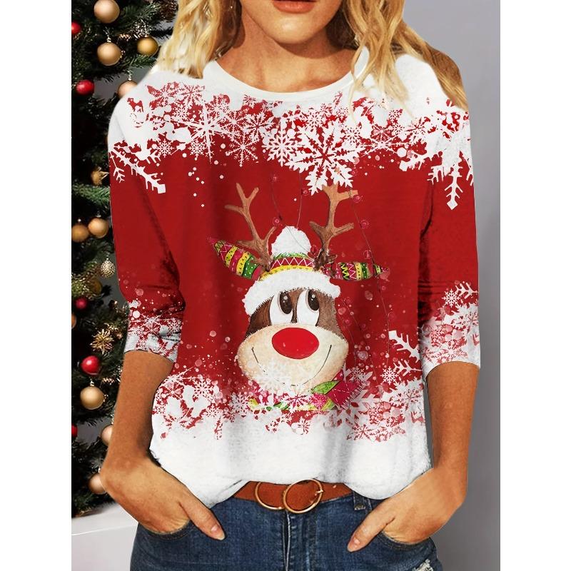 

Spring and Autumn Round Neck Christmas Theme Snowman 3D Printed Top Fashionable Casual Long Sleeved Women s T-shirts XXXL