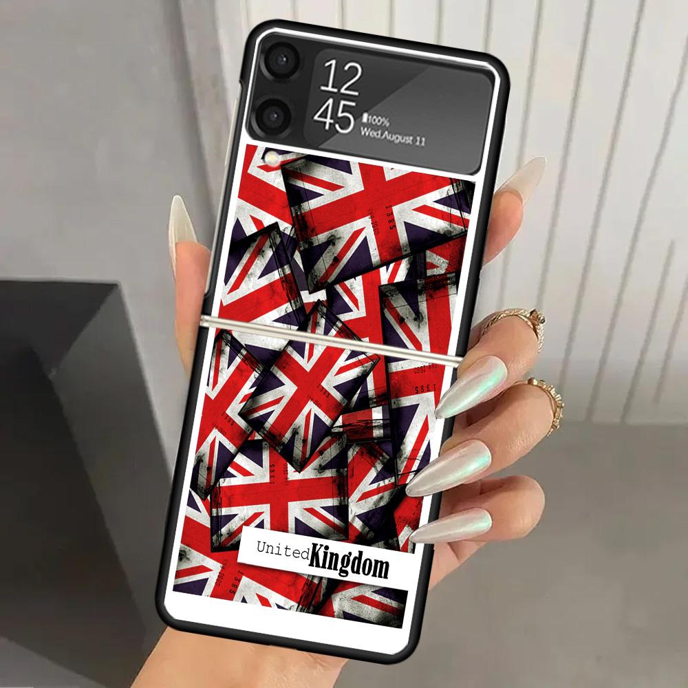 Union Jack England UK Flag Hard PC Phone Case For Samsung Galaxy Z Flip 7 6 5 4 3 Black ZFlip7 ZFlip6 Flip5 Flip4 Flip3 5G Print