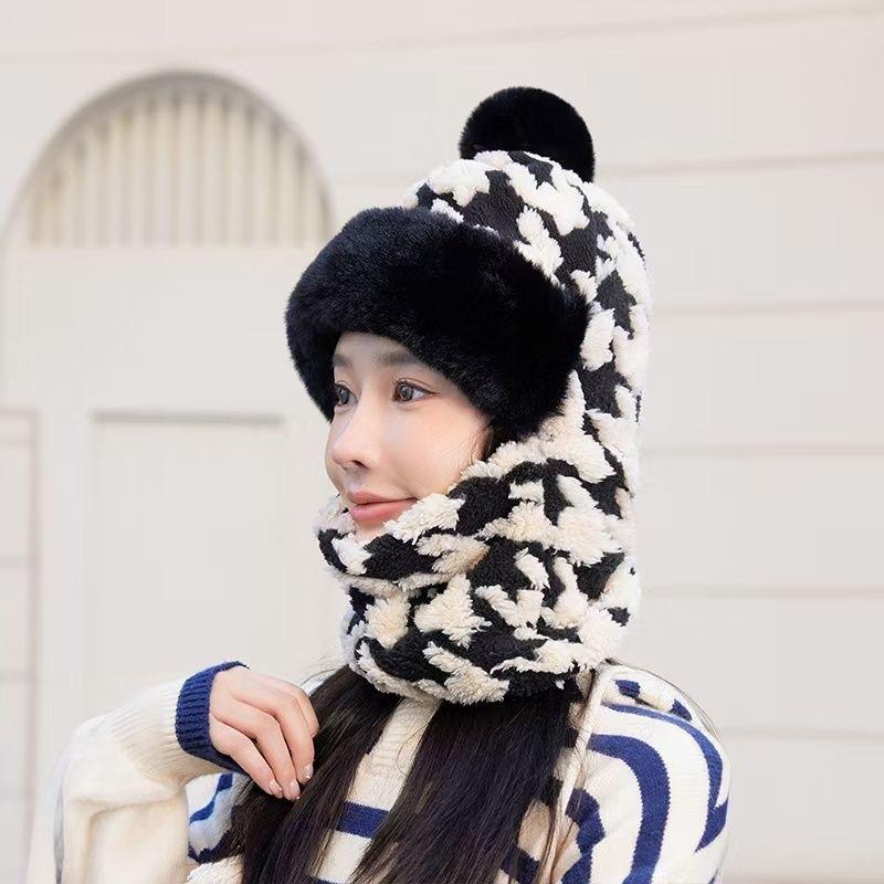 1Pcs Winter Knitted Hat Scarf Mask One-Piece Plush Pompom Beanies For Women Outdoor Cycling Cap Ears Neck Protection Skiing Cap