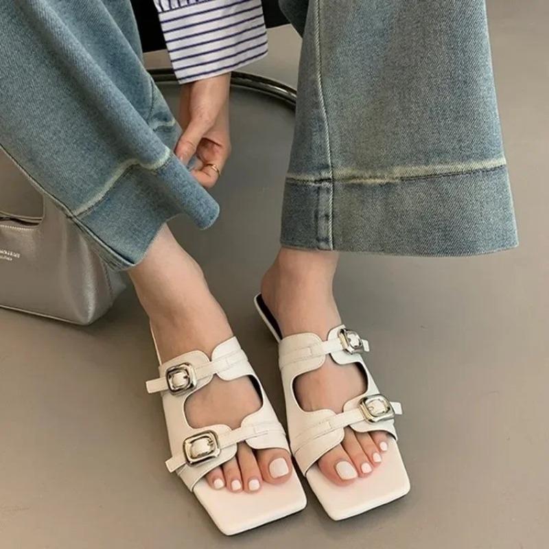Punk Gothic Buckle High Heel Sandals New 2025 Summer Square Toe Silver Low Heel Slippers Women Designer Party Shoe Zapatos