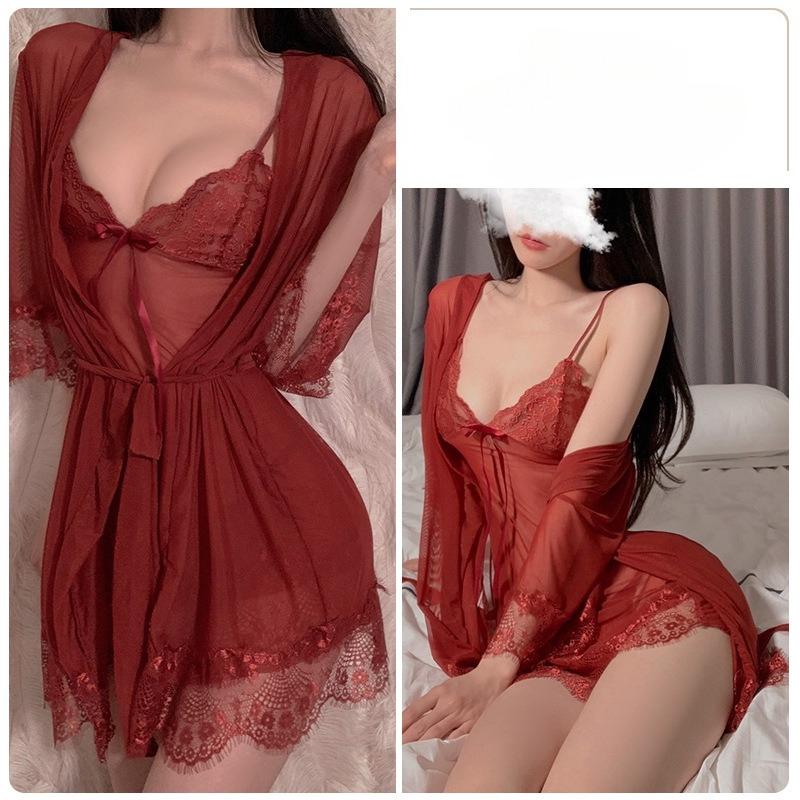 Set Lenjerie de Noapte Sexy Transparentă din Plasă pentru Femei Dulce Rochie Cami cu Fundiță din Dantelă cu Halat și Tanga
