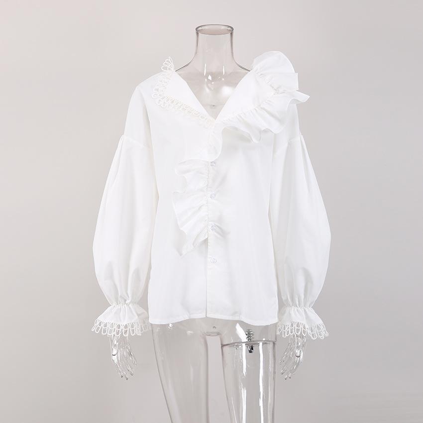 Women's Long Sleeve Blouse V Neck Ruffled Edges Lace Trimmed Shirt Elegant Patchwork Design Lightweight Fabric Suitable for Spring