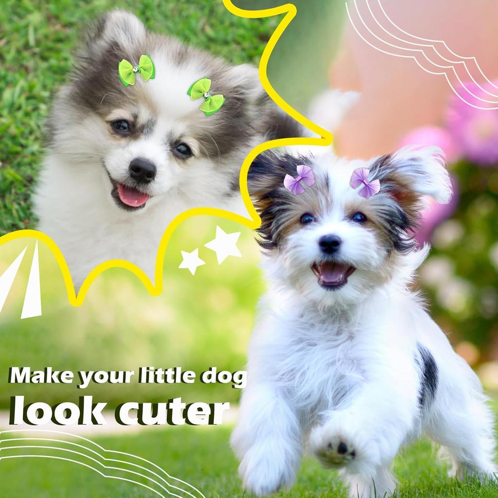 60PCS Pet Hair Bows, Puppy Dog Bows with Rubber Bands, 20pcs with Drills and 40 pcs Pure Yarn Handmade Pet Hair Grooming Attachments with Rubber
