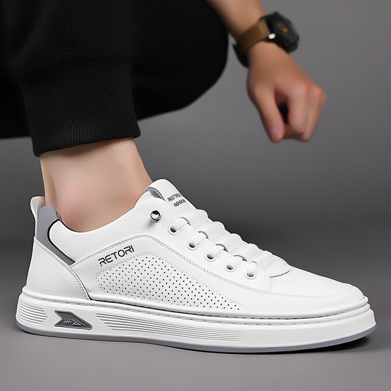 2024 Summer New Board Shoes Men's Breathable Hollow Mesh Leather Little White Shoes First Layer Cowhide One Pedal Casual Shoes