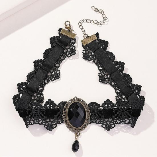 Vintage krajkový náhrdelník Gotický choker s oválným umělým drahokamem Dámský krajkový choker pro Cosplay Denní nošení Kostýmové večírky