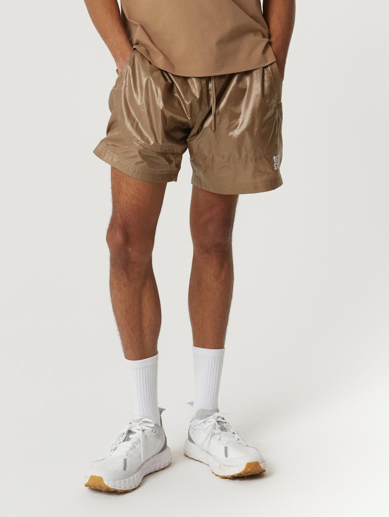 GOALSTUDIO Glossy Mesh Lined Shorts-Brown