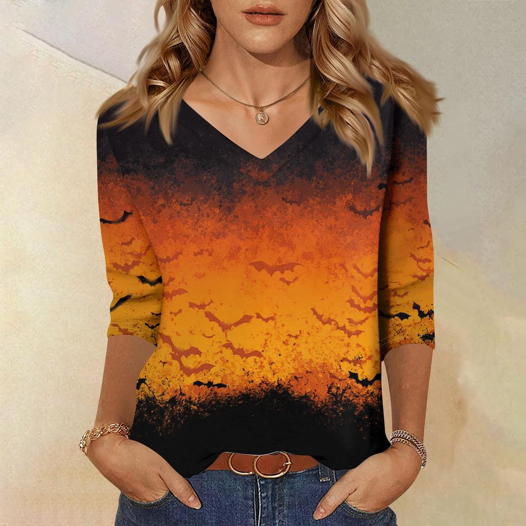 Women's Three-Quarter Sleeve V-Neck Top with Halloween Print for Casual
