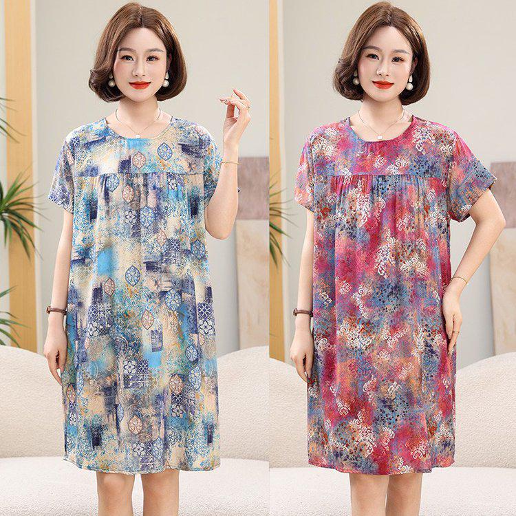 Summer Cotton Silk Knee-Length Floral Dress for Middle-Aged and Elderly Women - Short Sleeved, Lightweight, Plus Size, Loose Fit