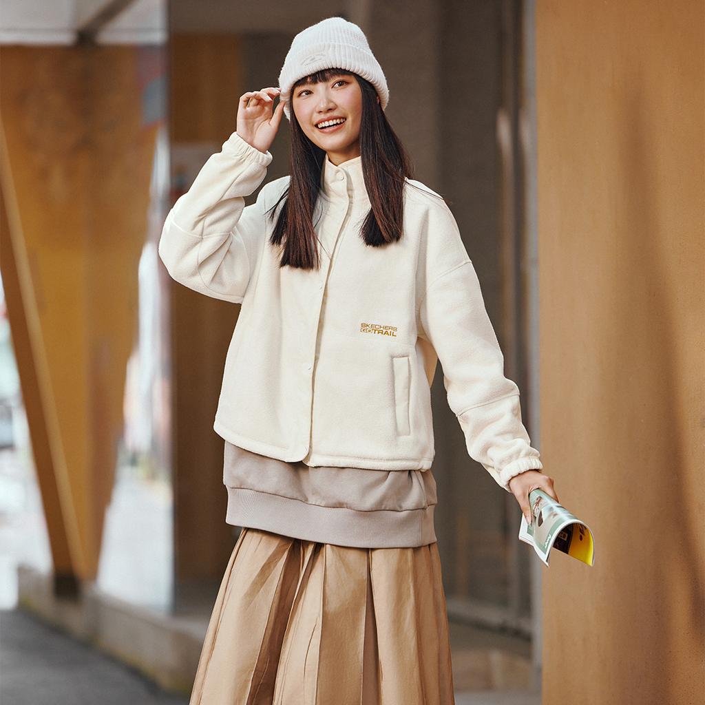 Skechers American Retro Fashion Comfortable Versatile Stand Collar Solid Color Small Logo Long Sleeve Jacket Women Jackets White L424W038-00NA
