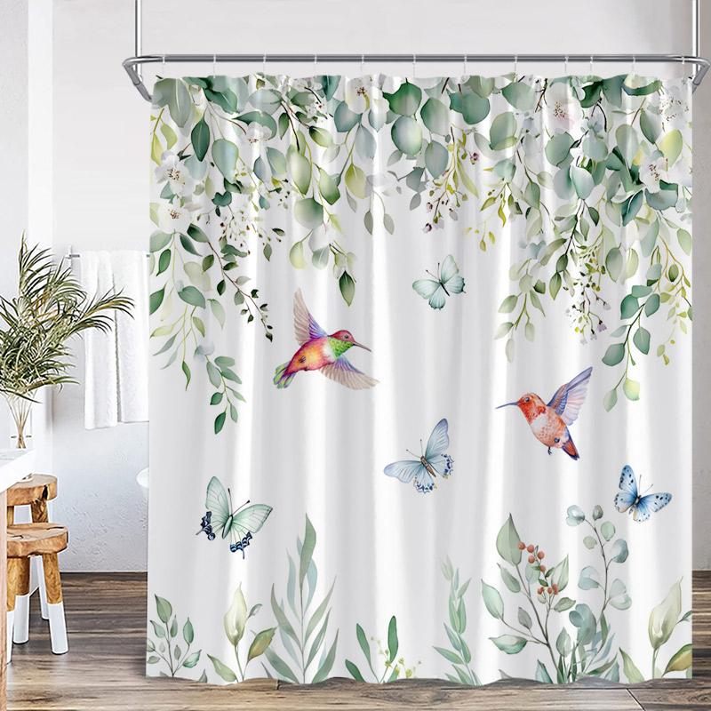 Grüne Blätter Kolibri Duschvorhänge Aquarell Pflanze Blatt Schmetterling Vogel Floral Badevorhang Stoff Heim Badezimmer Dekorationsset