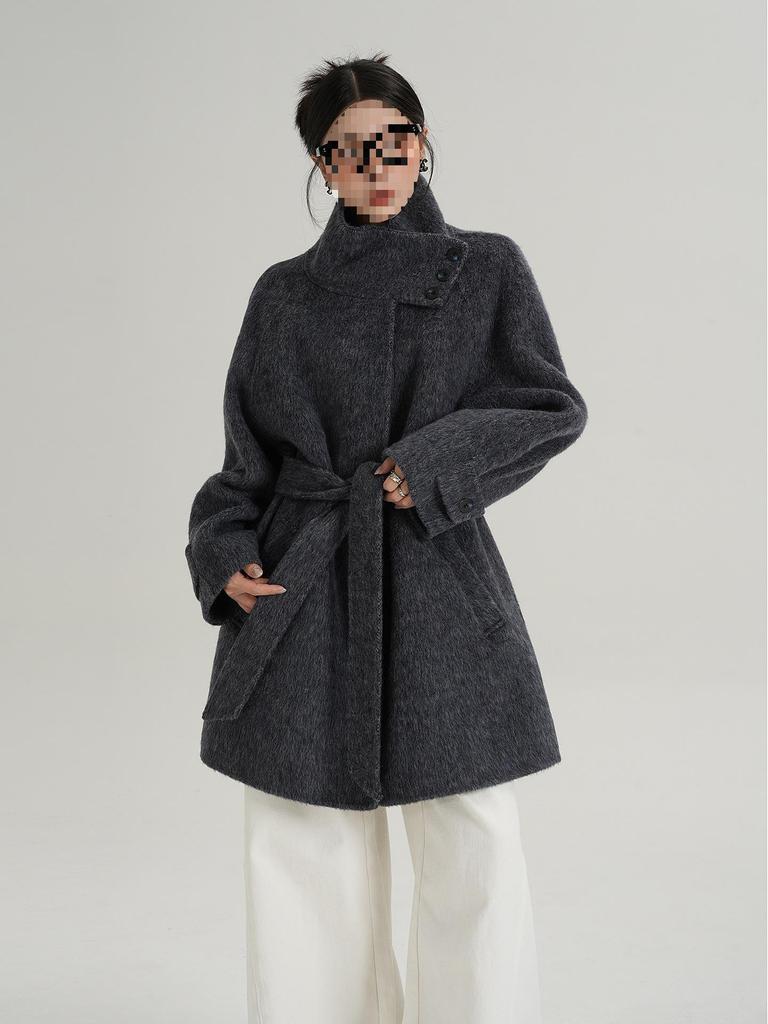 SRYS AME Women's Elegant Mid-Length Stand-Up Collar Wool Coat – Autumn/Winter