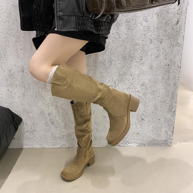 Pleated pile boots 2025 new thick heel knight boots fashion temperament but knee boots thick sole fashion boots tide