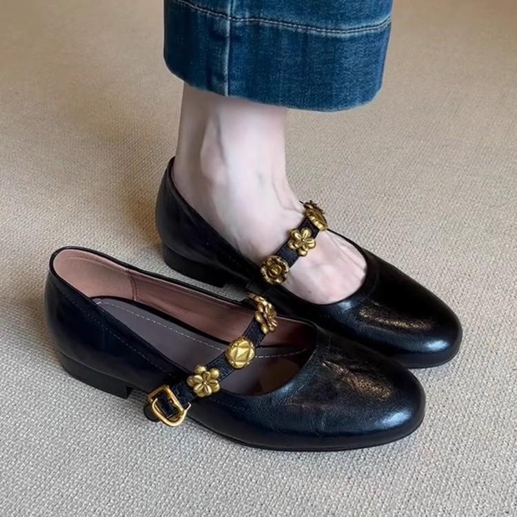 Sheepskin version~ Metal one-word buckle genuine leather Mary Jane shoes women's French shallow mouth single shoes low heel temperament ballet shoes