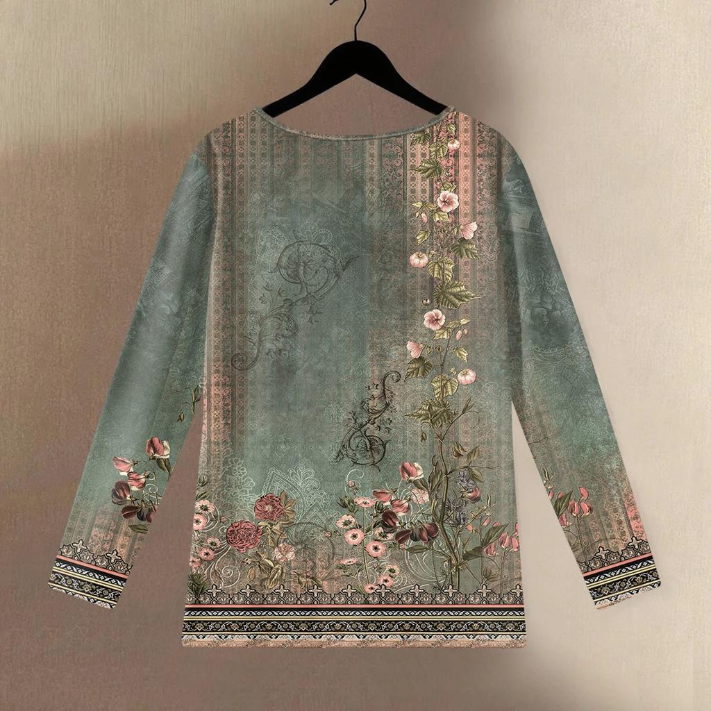 Women's Fashionable And Casual Shirt Long Sleeve Round Neck -color Cotton And Linen Blouse Top