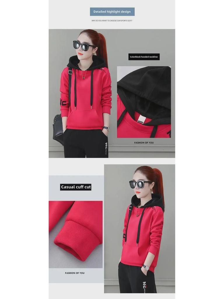 Damen Plüsch Kontrastfarbe Bestickter Sportanzug: Lockeres Pullover- und Hosen-Zweiteiler-Set für Herbst/Winter.