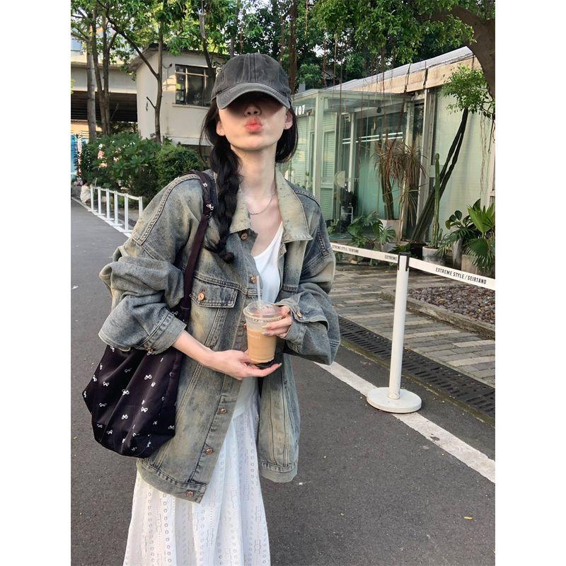 

Kumikumi Retro Distressed Denim Polo Collar Long sleeve Outerwear Women Autumn Chic Loose Slimming Jacket Top Retro Blue L