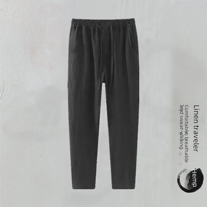 

Мужские свободные белые льняные брюки - летний повседневный стиль для людей среднего возраста L (recommend one size up) чёрный