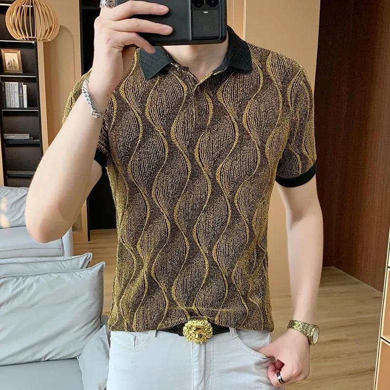 

Мужская приталенная рубашка-поло с волнообразной текстурой, короткий рукав, ледяной шелк, дышащая, отложной воротник, повседневный летний топ L золотой
