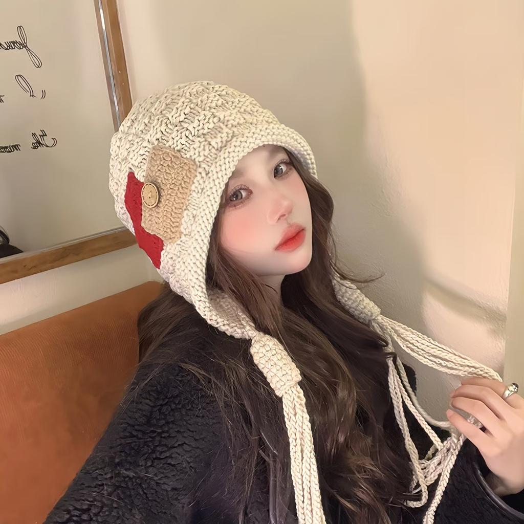 New knitted hat women's autumn and winter fringed Internet celebrity hat cute handmade braided wool hat thermal ear hat