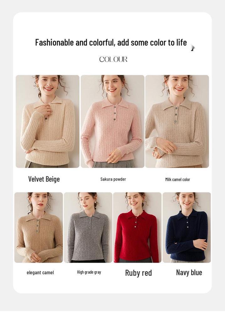 Women's Slim Fit Cable Knit Cashmere Polo Neck Sweater - Autumn/Winter New Style