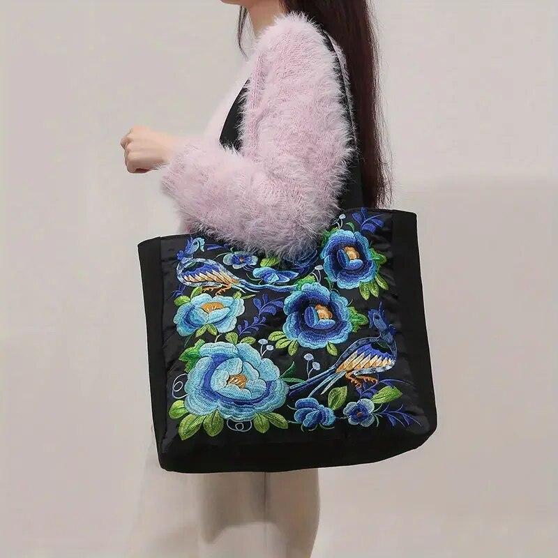 Ethnic Style Flower Embroidery Canvas Tote Bag Large Capacity Shoulder Handbag for Women