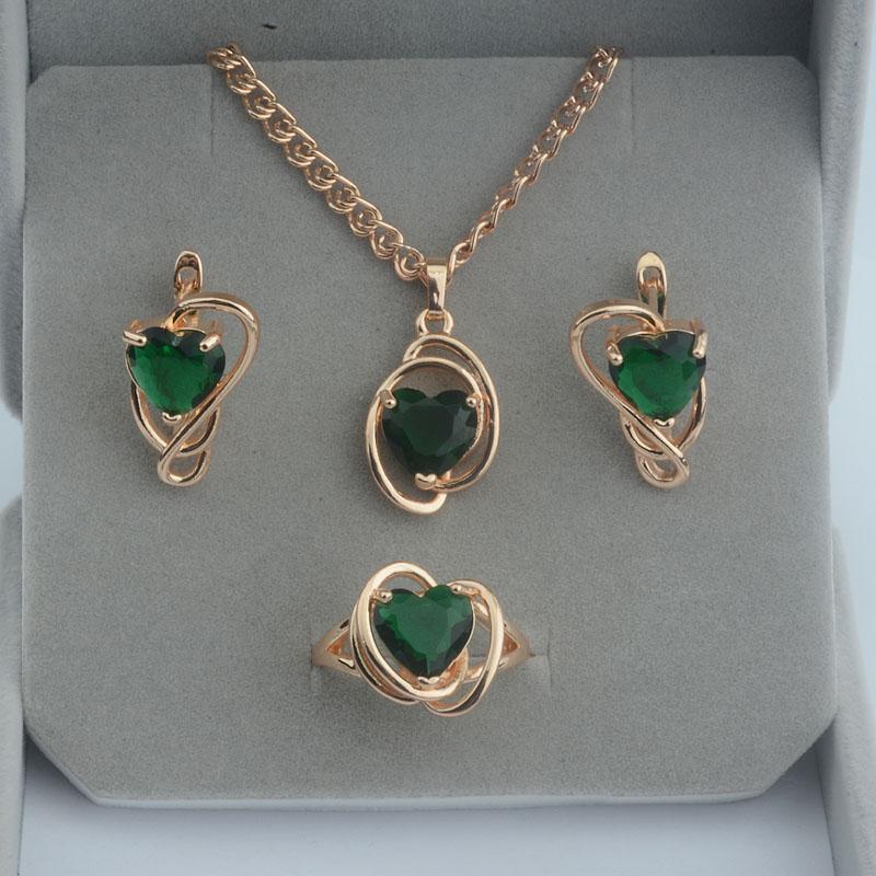 Women 585 Rose Gold Blue Heart Cubic Zirconia Earrings Pendant Ring Jewelry Set