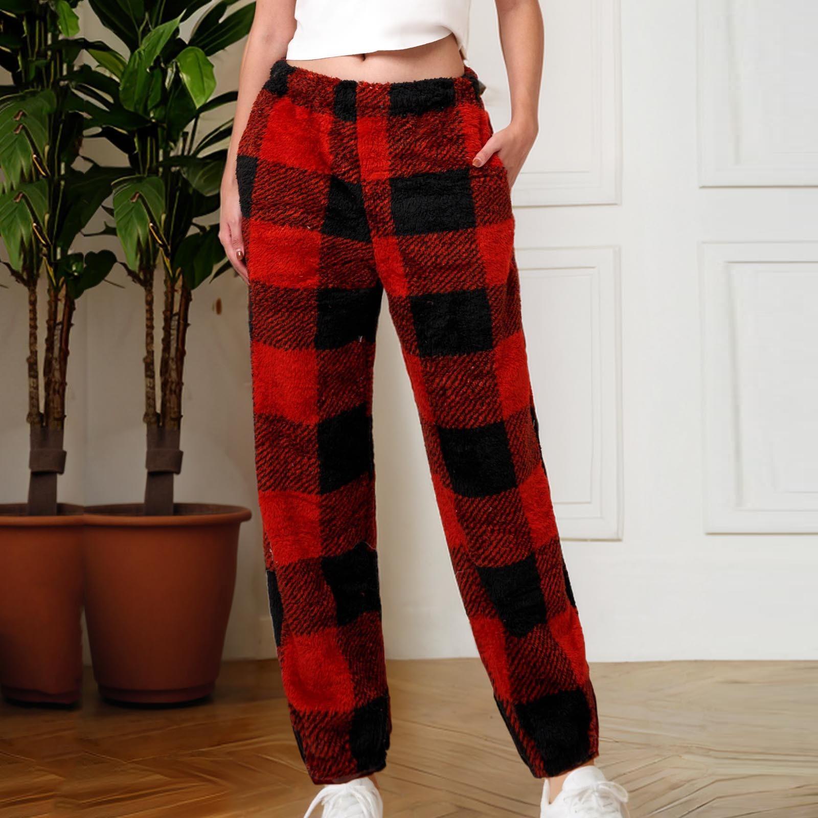 

Женские пижамные штаны, плюшевые пижамные штаны с мягкой эластичной талией, пижамные штаны с клетчатым принтом и 2 карманами M винный