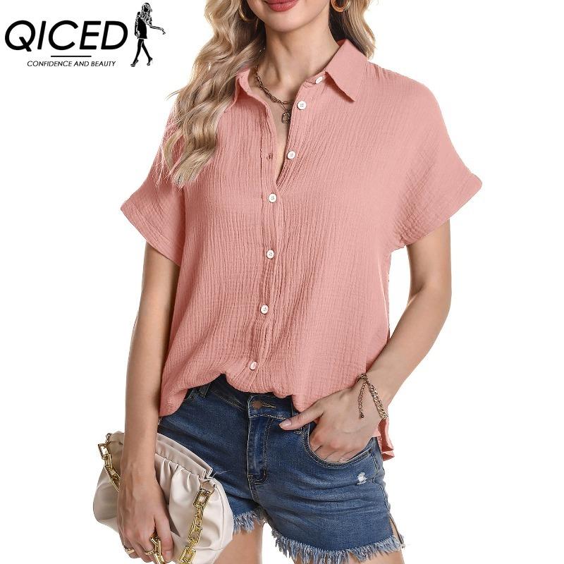 QICED Dámská móda Ležérní jednobarevný potisk Halenky a košile POLO s krátkým rukávem a výstřihem