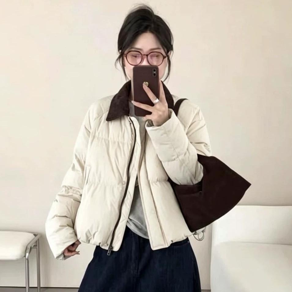Down jacket women's new corduroy lapel contrasting colors loose warm thickened small short jacket
