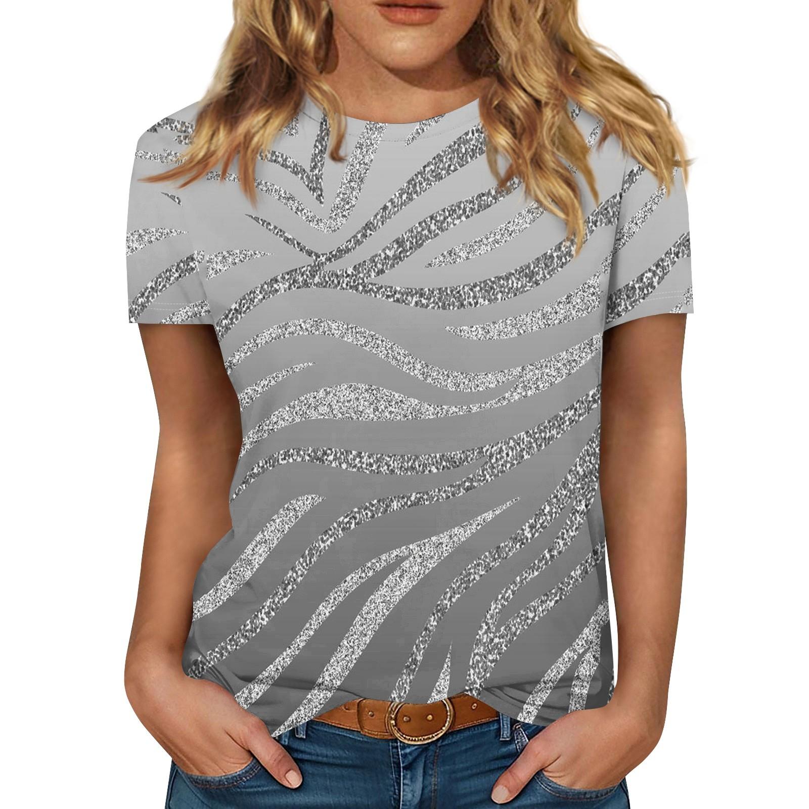 

Women s Loose Fashion Short Sleeve Round Neck Summer Line Gradient Printed Top M сірий колір