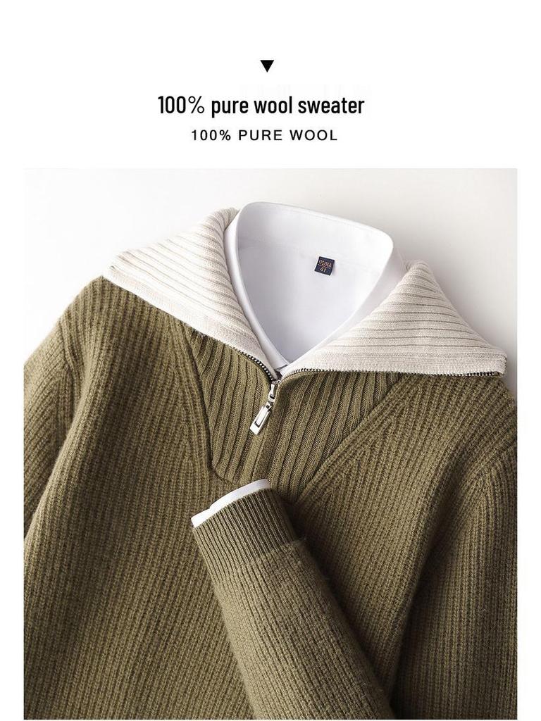 Men's Fashion Versatile Half-Zip 100% Wool Color Block Sweater