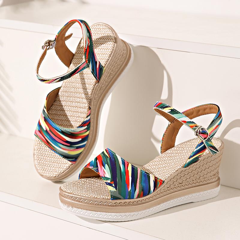 Fashion 2025 Summer Womens Shoes Leopard Print Wedges Sandals Women Plus Size Ankle Buckle Platform Sandles Woman Light Chunky Sandalias